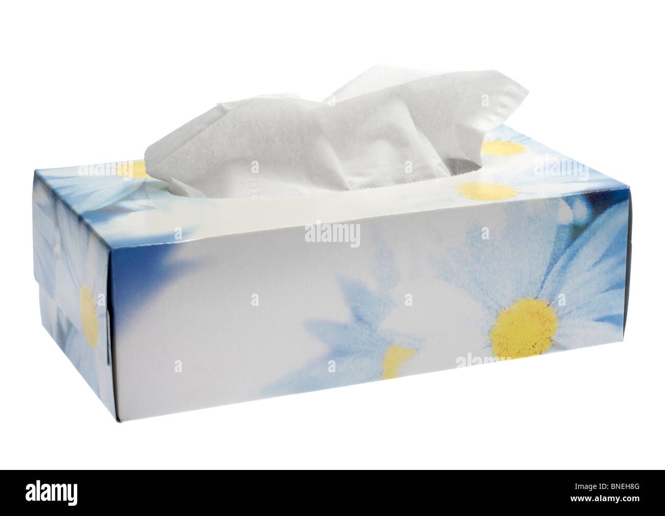 Box of soft white tissues on white background Stock Photo