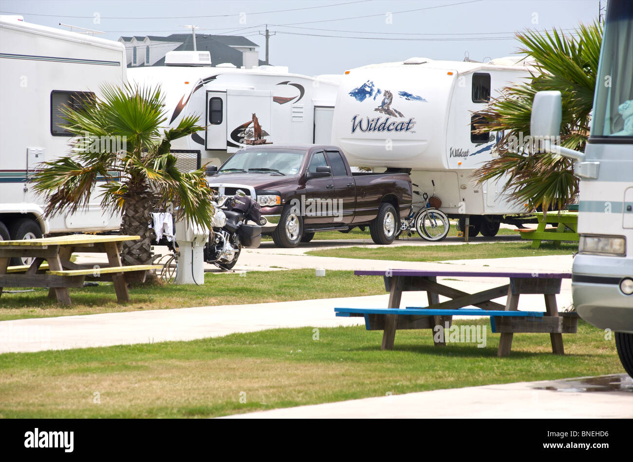 View of campground campsite campervan camper RV for camping in Galveston Texas, USA Stock Photo