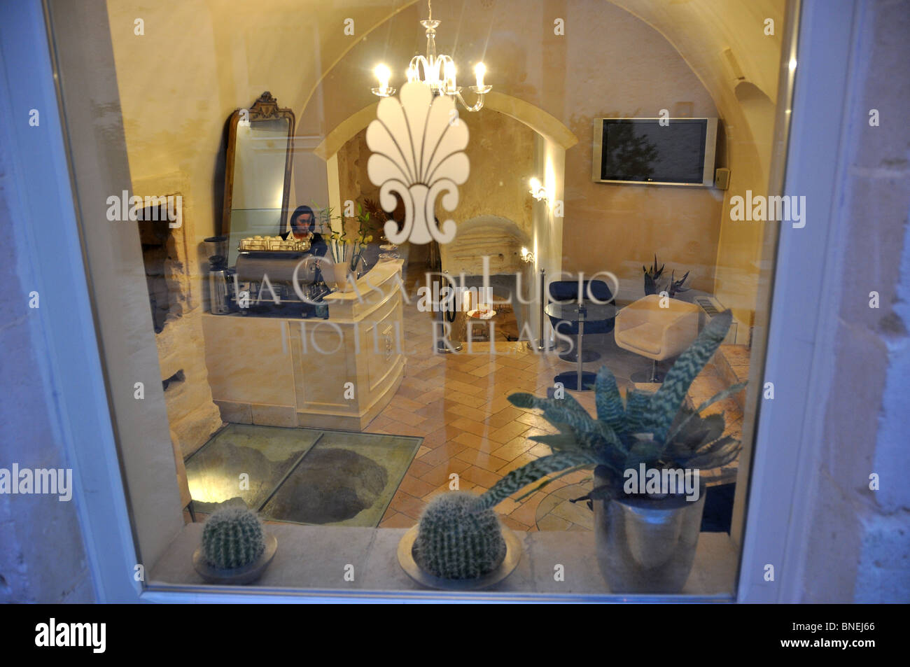 Hotel Reception-Sant Angolo recently created in a former cave dwelling of people and their animals Matera Sassi Basilacata Italy Stock Photo