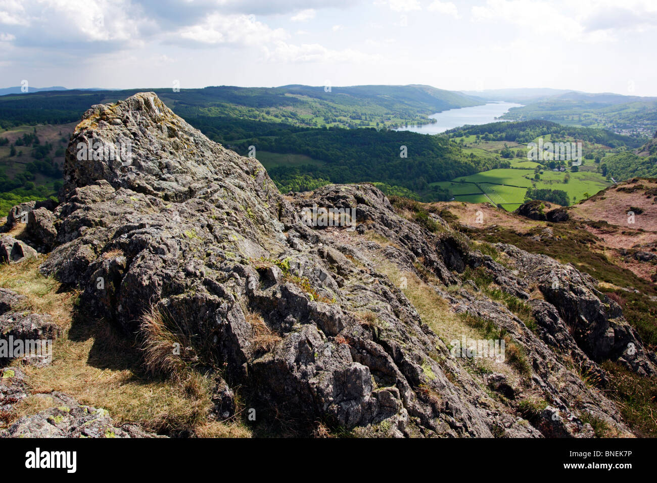 Craggy outcrop on Holme Fell near Coniston in the Lake District ...