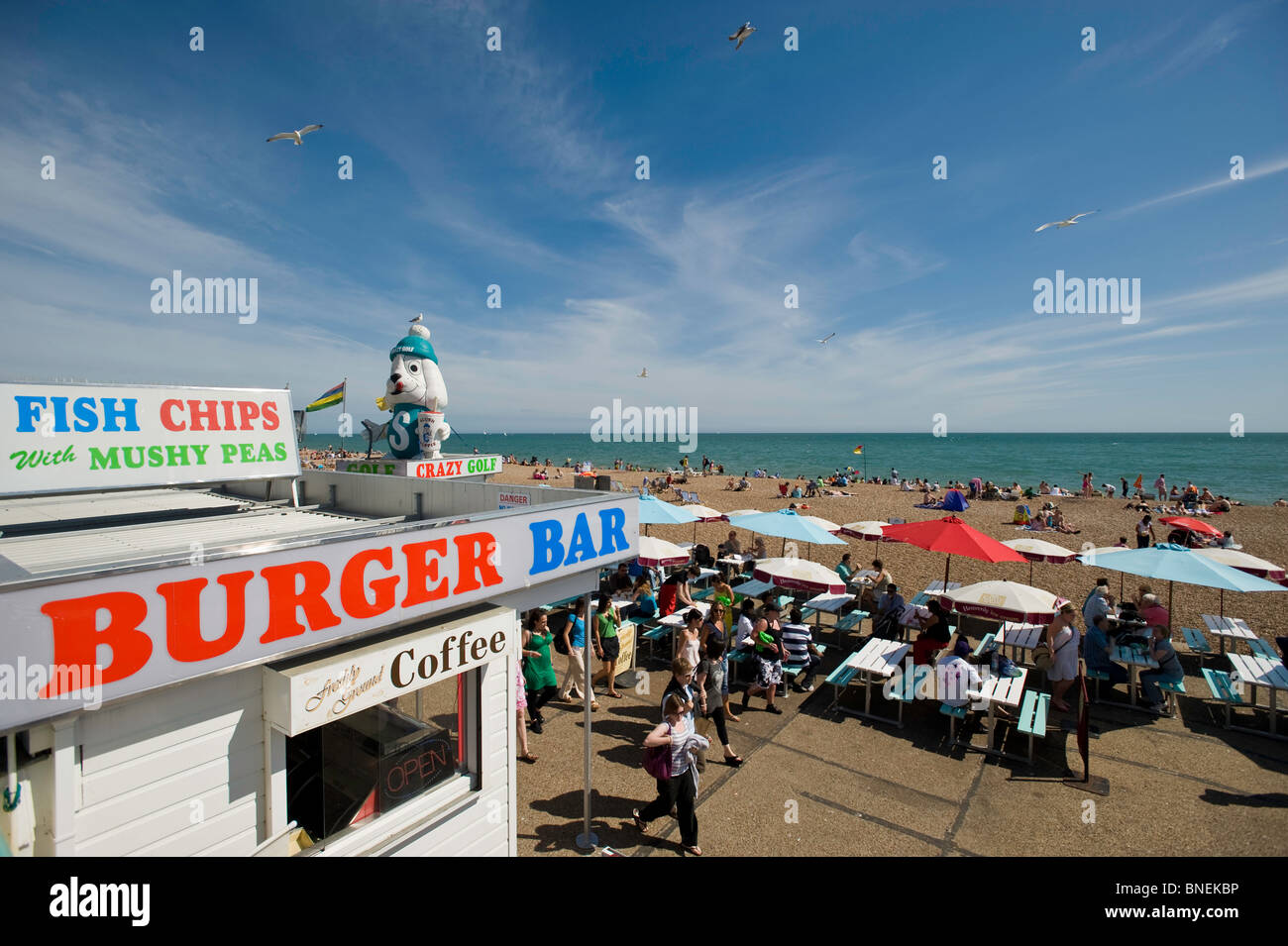 Fish & chips bar by the beach, Brighton, East Sussex, United Kingdom Stock Photo