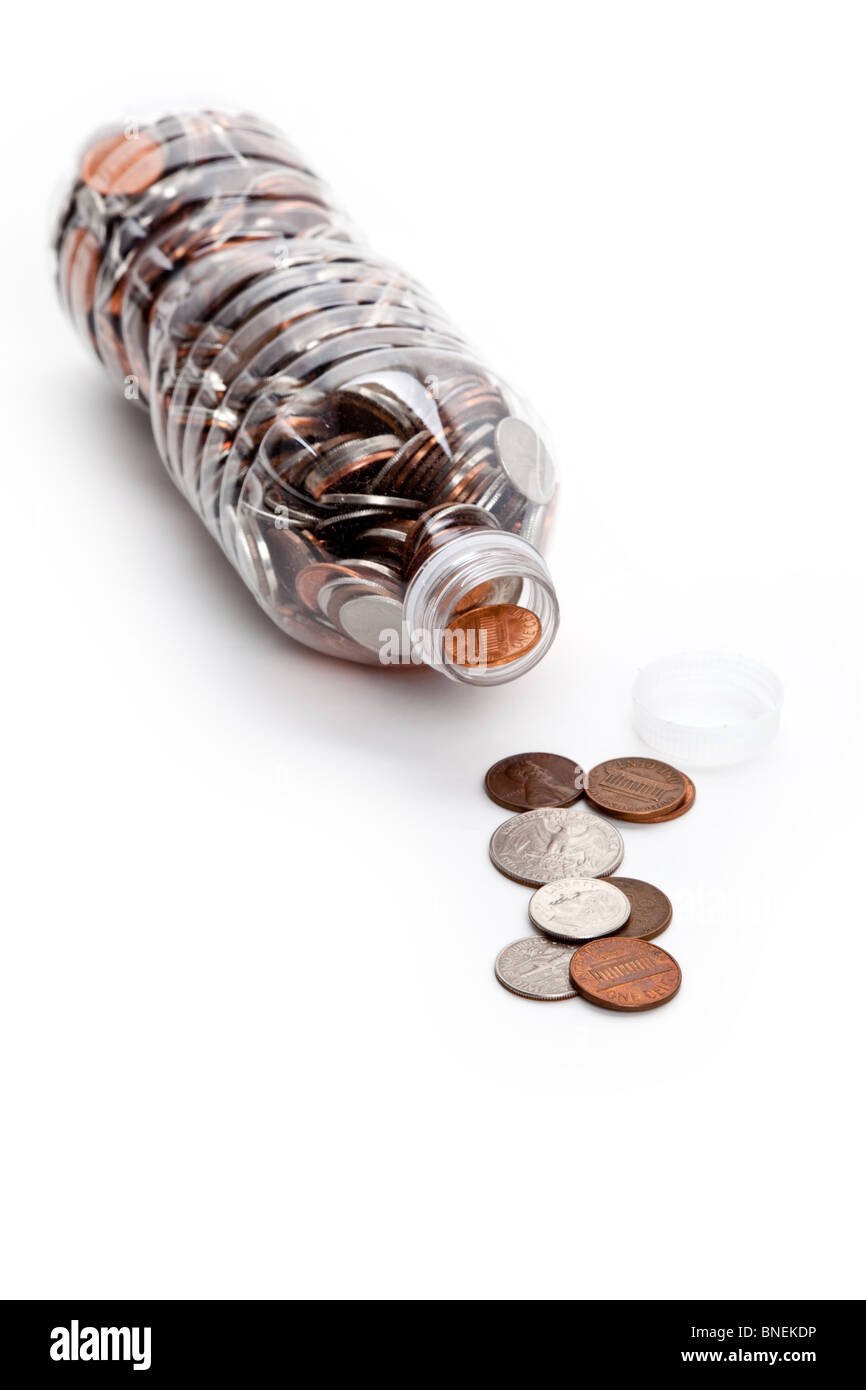 Plastic Bottle and Coins,Dollar with white background Stock Photo Alamy