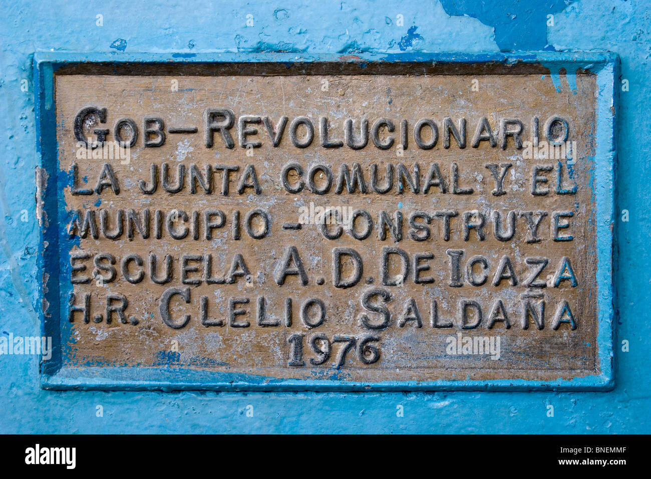 Plaque from the dictatorship days at a Government school. San Miguelito, Panama City, Republic of Panama, Central America Stock Photo