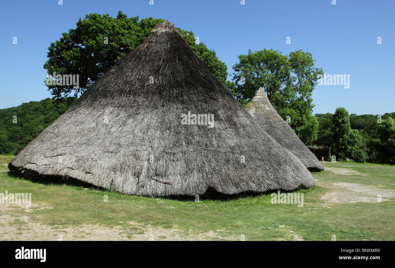 CELTIC ROUNDHOUSES AT CASTELL HENLLYS.  PEMBROKESHIRE.  DYFED.  WALES.  UK Stock Photo