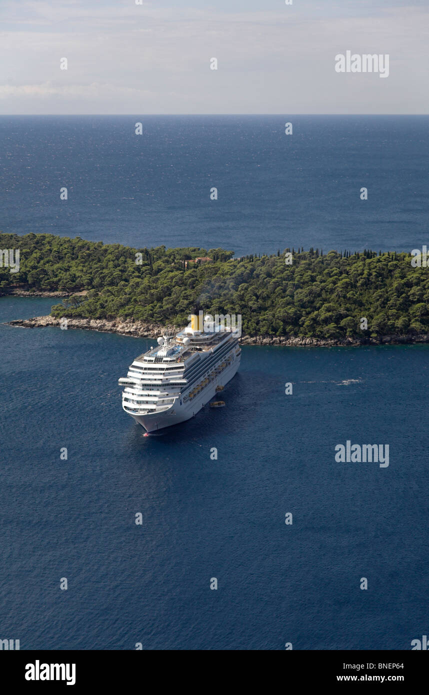 Cruise ship moored off Lokrum island Dubrovnik Croatia, tenders ferrying tourists to city Stock Photo