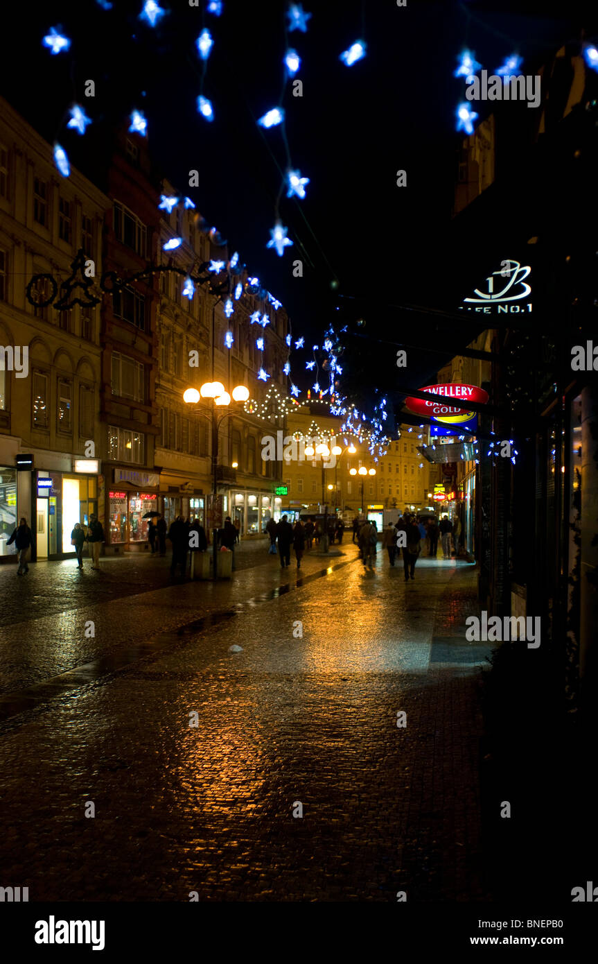 Street decorations lit up at night during Christmas eve in Nove Mesto Prague Czech Republic Stock Photo