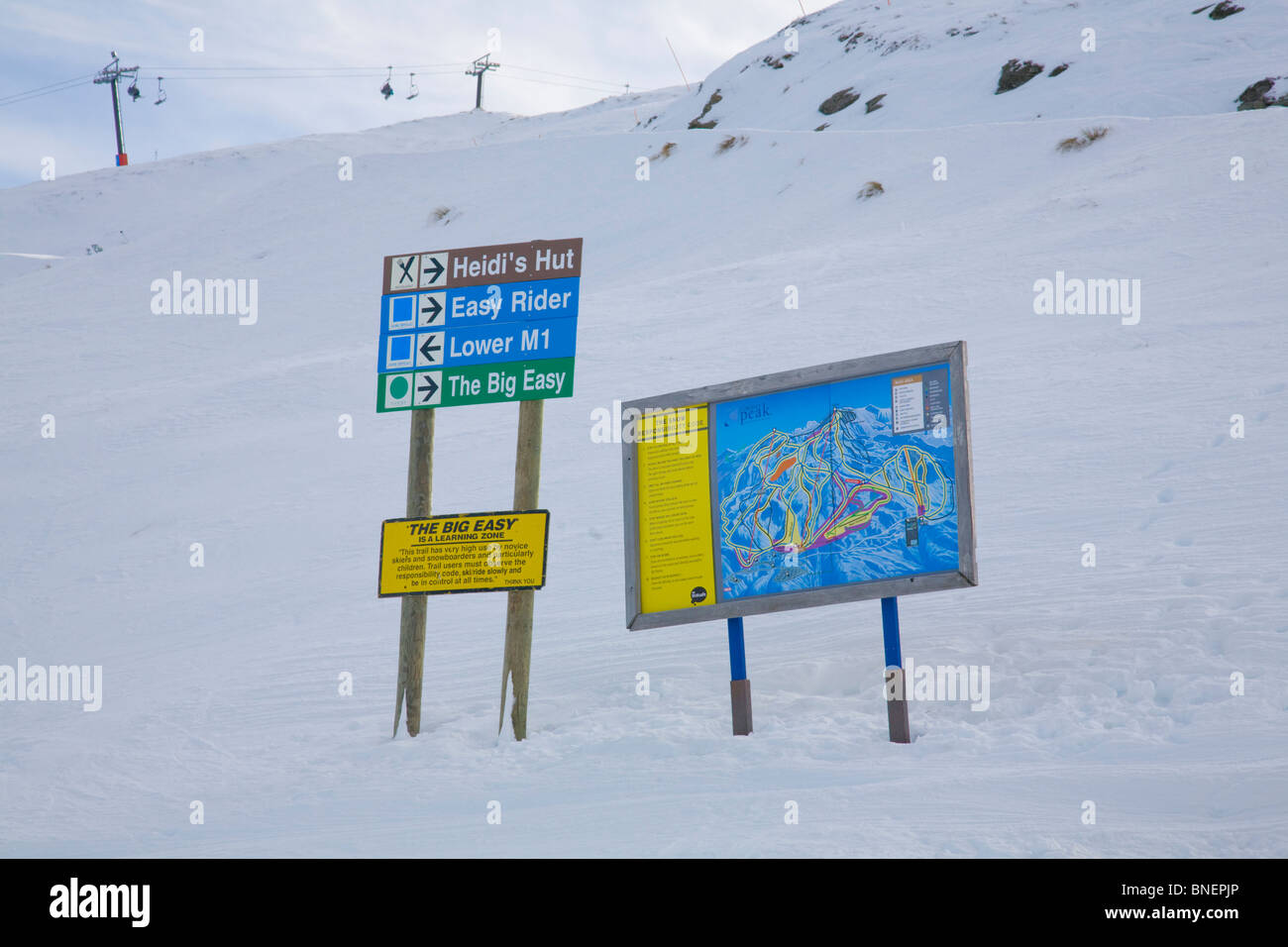 signposts for ski runs at peak, queenstown,new zealand Stock