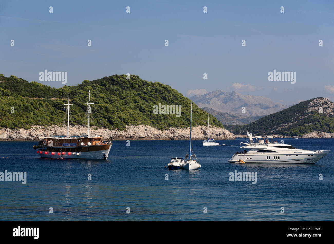 Gulet holiday charter boat in Sunj bay with the best beach on Lopud one of the Elaphite Islands near Dubrovnik Croatia Stock Photo