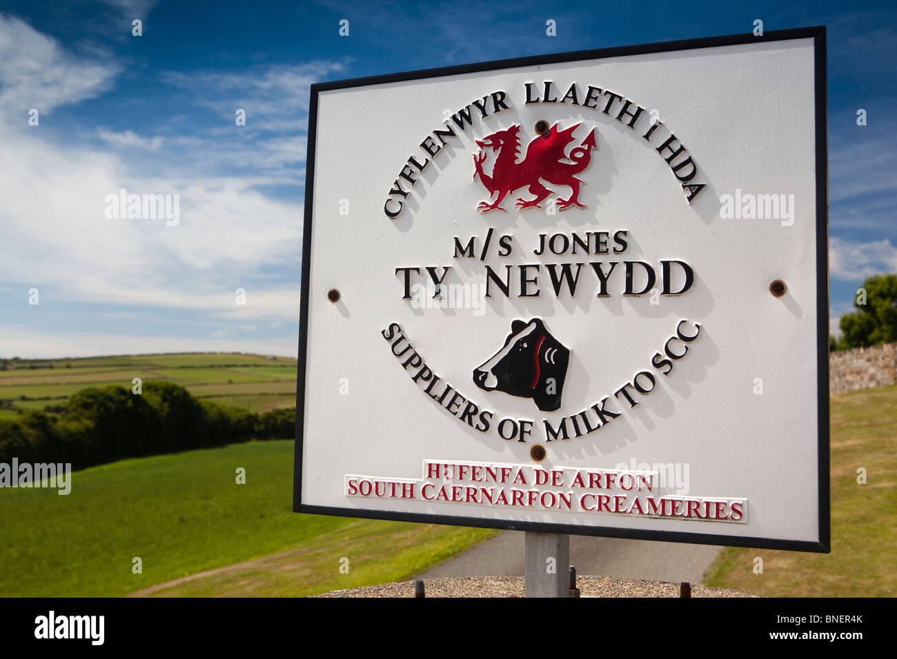 UK, Wales, Gwynedd, Lleyn Peninsula, Sarn Bach, Ty Newydd Dairy Farm sign Stock Photo