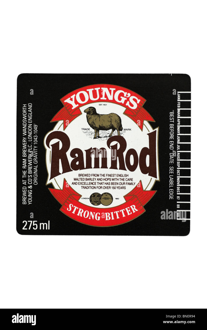 Young's Ram Rod Strong Bitter bottle label circa 1987-1989. Stock Photo