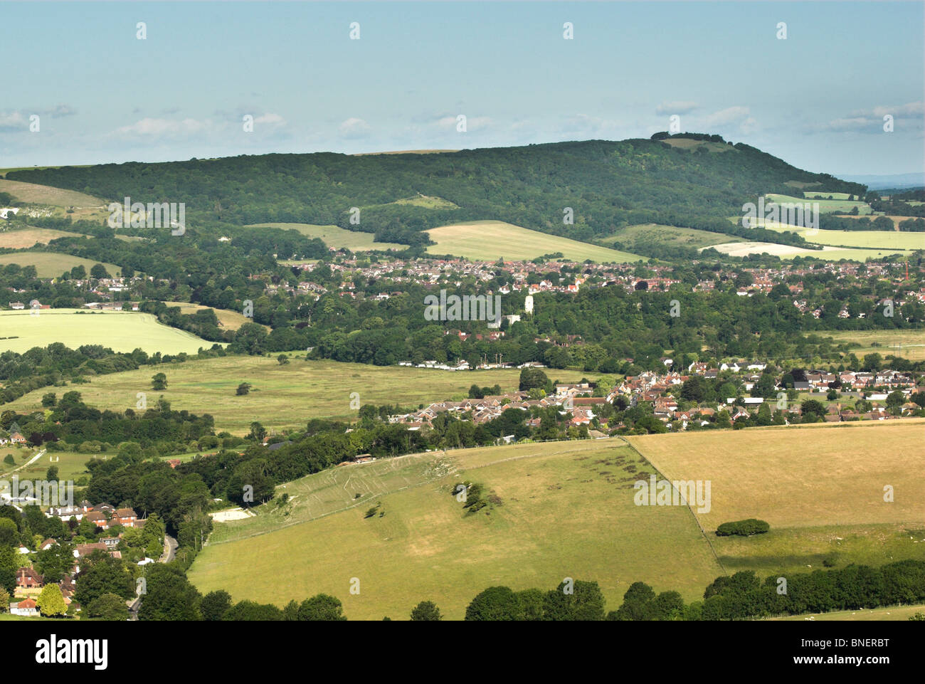 A view across to Chanctonbury Ring in the South Downs National Park. Stock Photo