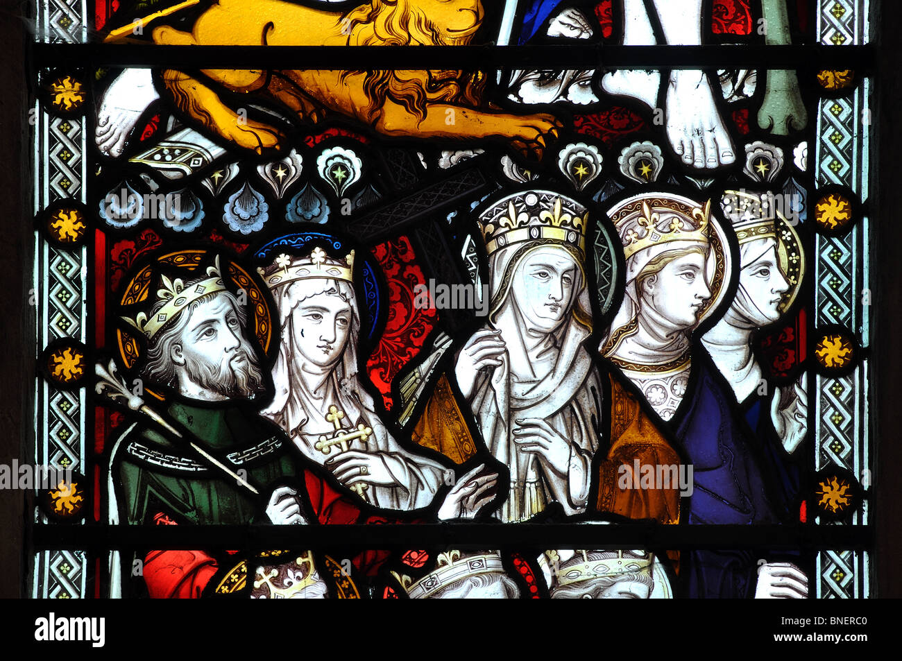 Royal saints stained glass, All Saints Church, Ladbroke, Warwickshire, England, UK Stock Photo
