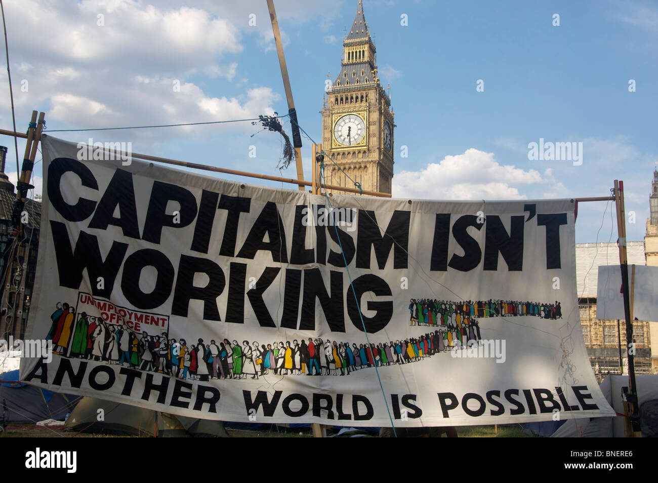 Democracy Village protest encampment Parliament Square with Big Ben Houses of Parliament in background London England UK Stock Photo