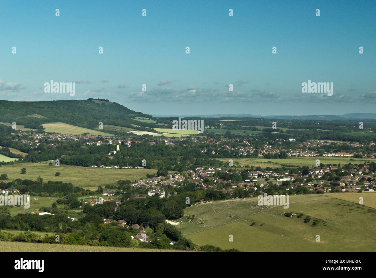 A view across to Chanctonbury Ring in the South Downs National Park. Stock Photo