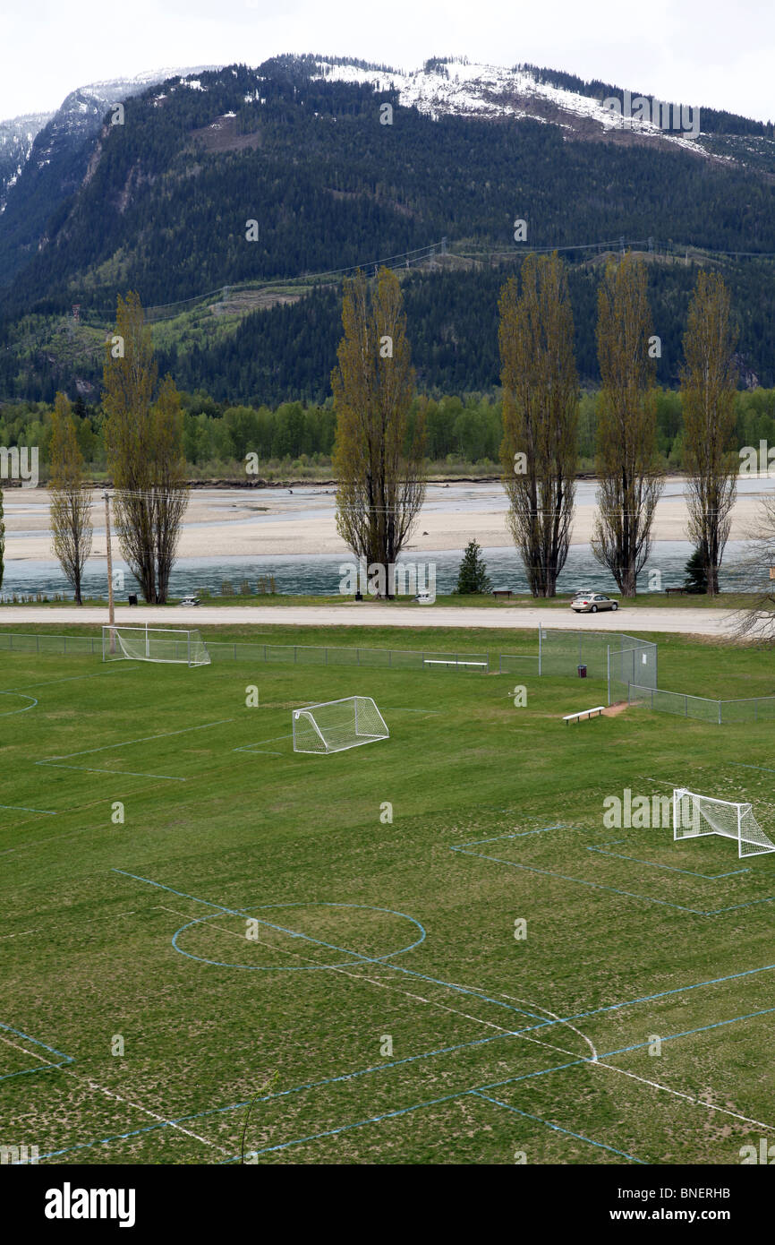 Soccer pitches, line of poplar trees and Columbia river Revelstock