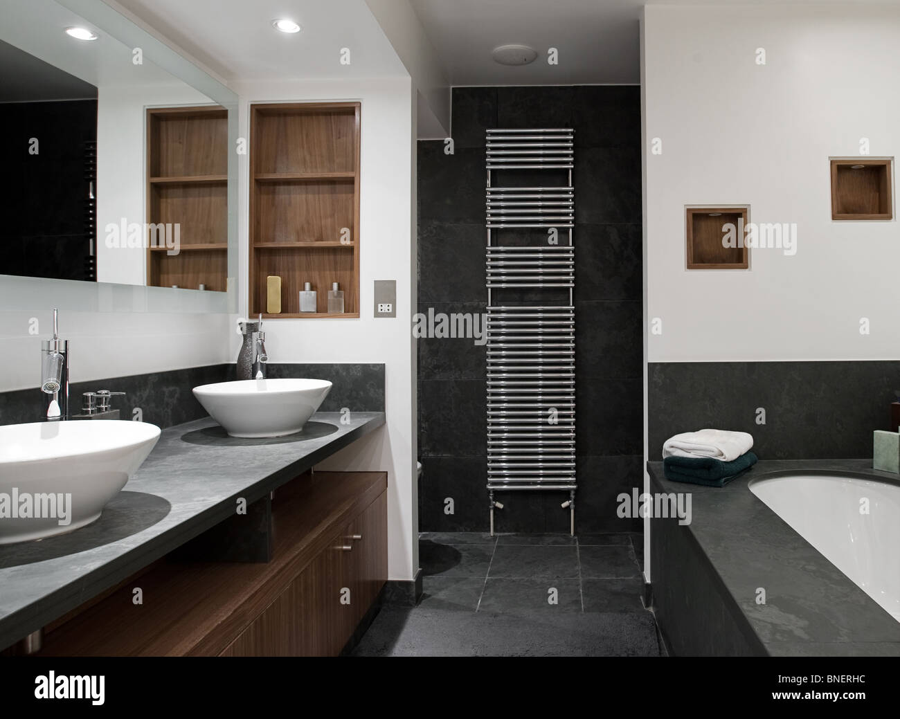 Interior Shot of a Luxury Bathroom with His and Hers Sinks Stock Photo