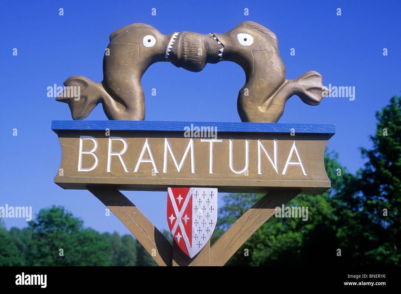 Brampton, Norfolk, village sign, Bramtuna England UK English signs Stock Photo