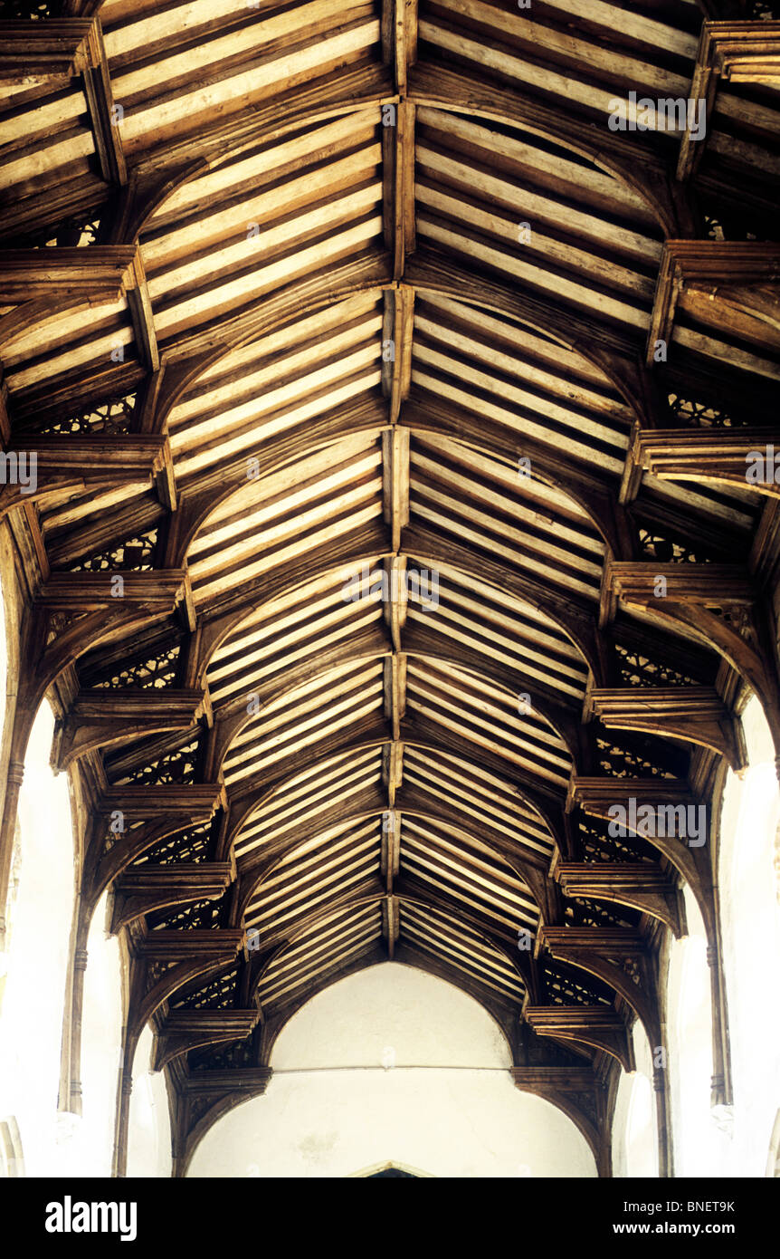 Ludham, Norfolk, Nave hammerbeam ceiling roof medieval woodwork timber church interior interiors English churches England UK Stock Photo
