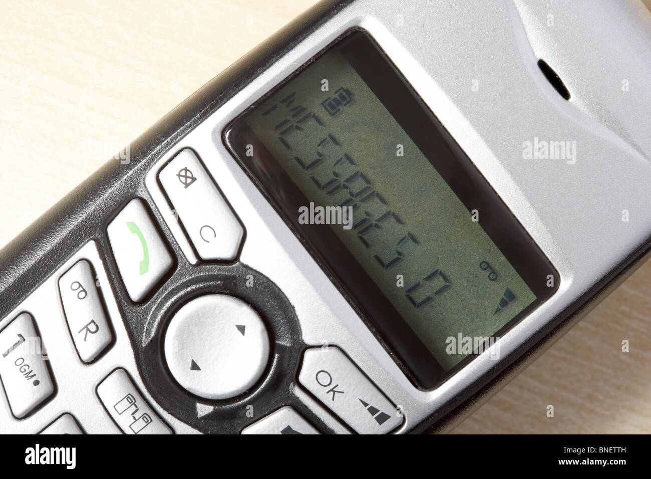 close up of 0 messages displayed on dect phone screen Stock Photo