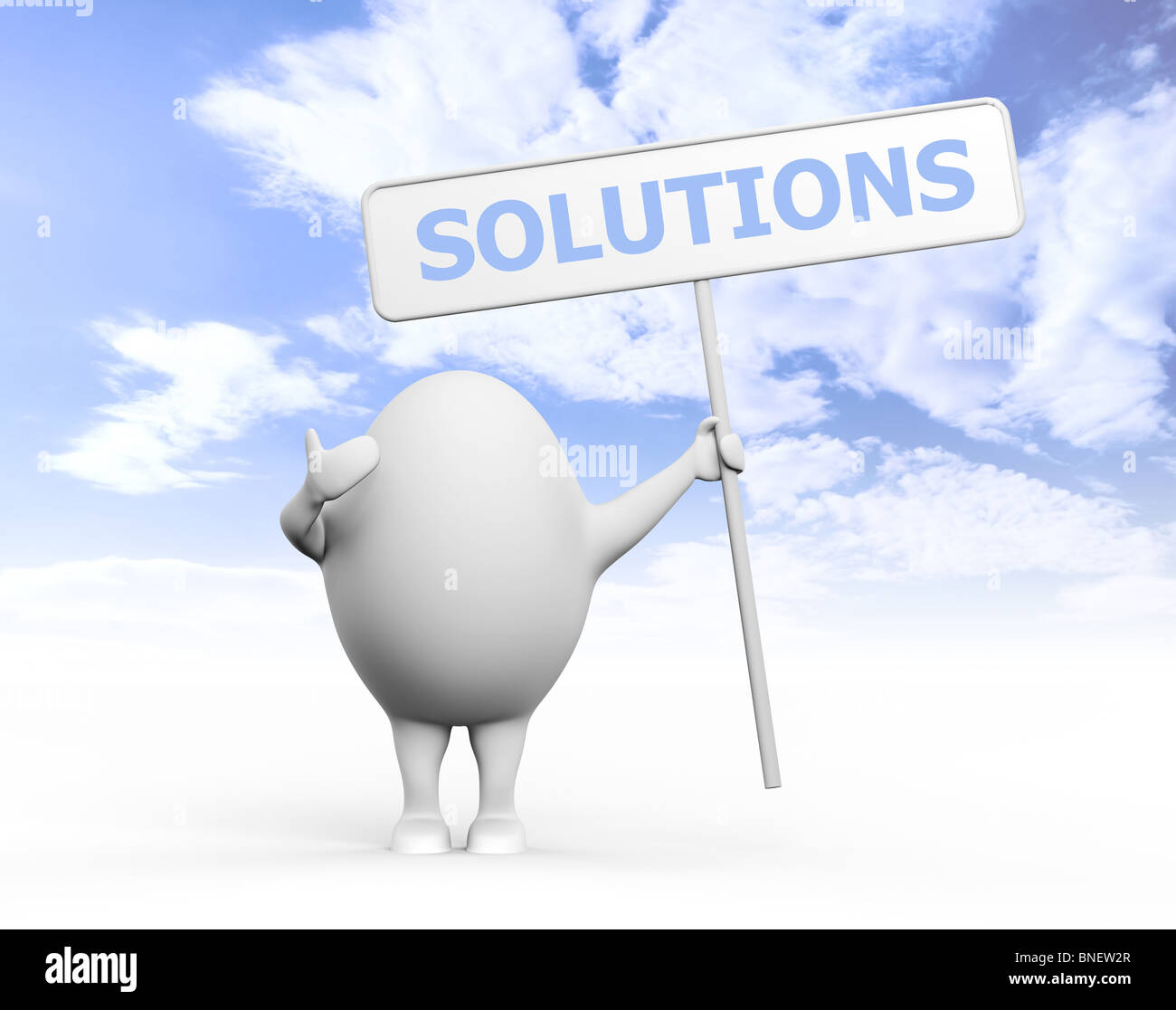 3D illustration of a cartoon egghead character holding a sign with Solution written on it under blue sky Stock Photo