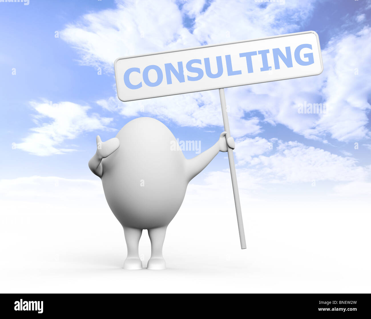 3D illustration of a cartoon egghead character holding a sign with Consulting written on it under blue sky Stock Photo