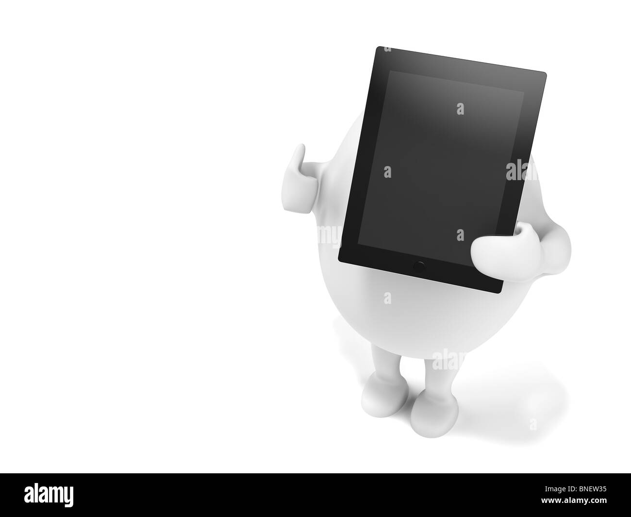 3D illustration of a cartoon egghead character holding a tablet computer and showing thumbs up. Isolated on white background. Stock Photo