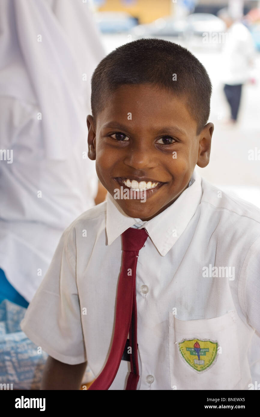 An Indian boy in school uniform smiling, Malaysia Stock Photo