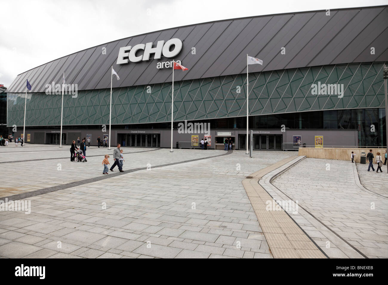 Facade of the Echo Arena Monarchs Quay Albert Docks Liverpool Merseyside UK Stock Photo