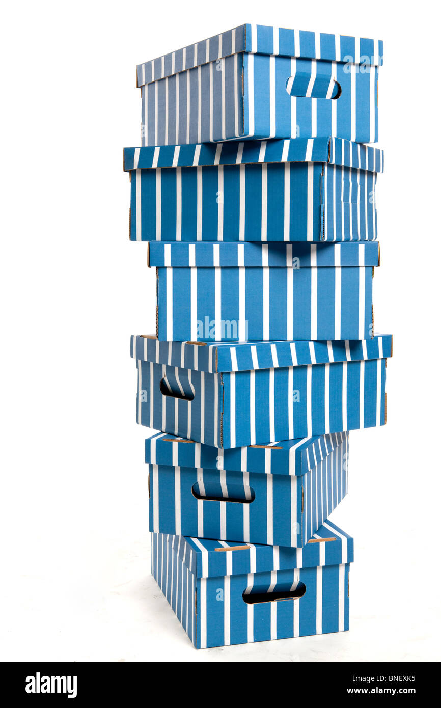 Colourful Cardboard Boxes Stacked on a White Isolated Background Stock