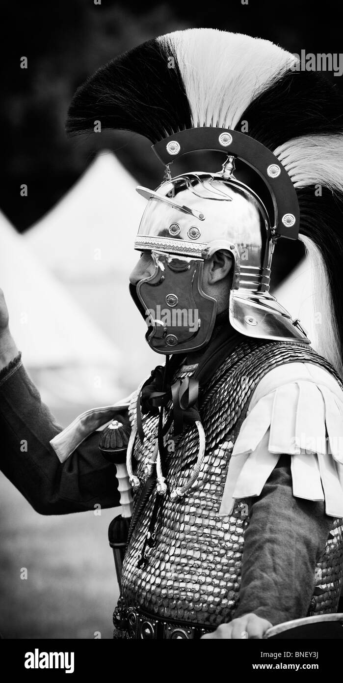 Deputy Centurion roman officer Optio at a re-enactment festival, England. Monochrome Stock Photo