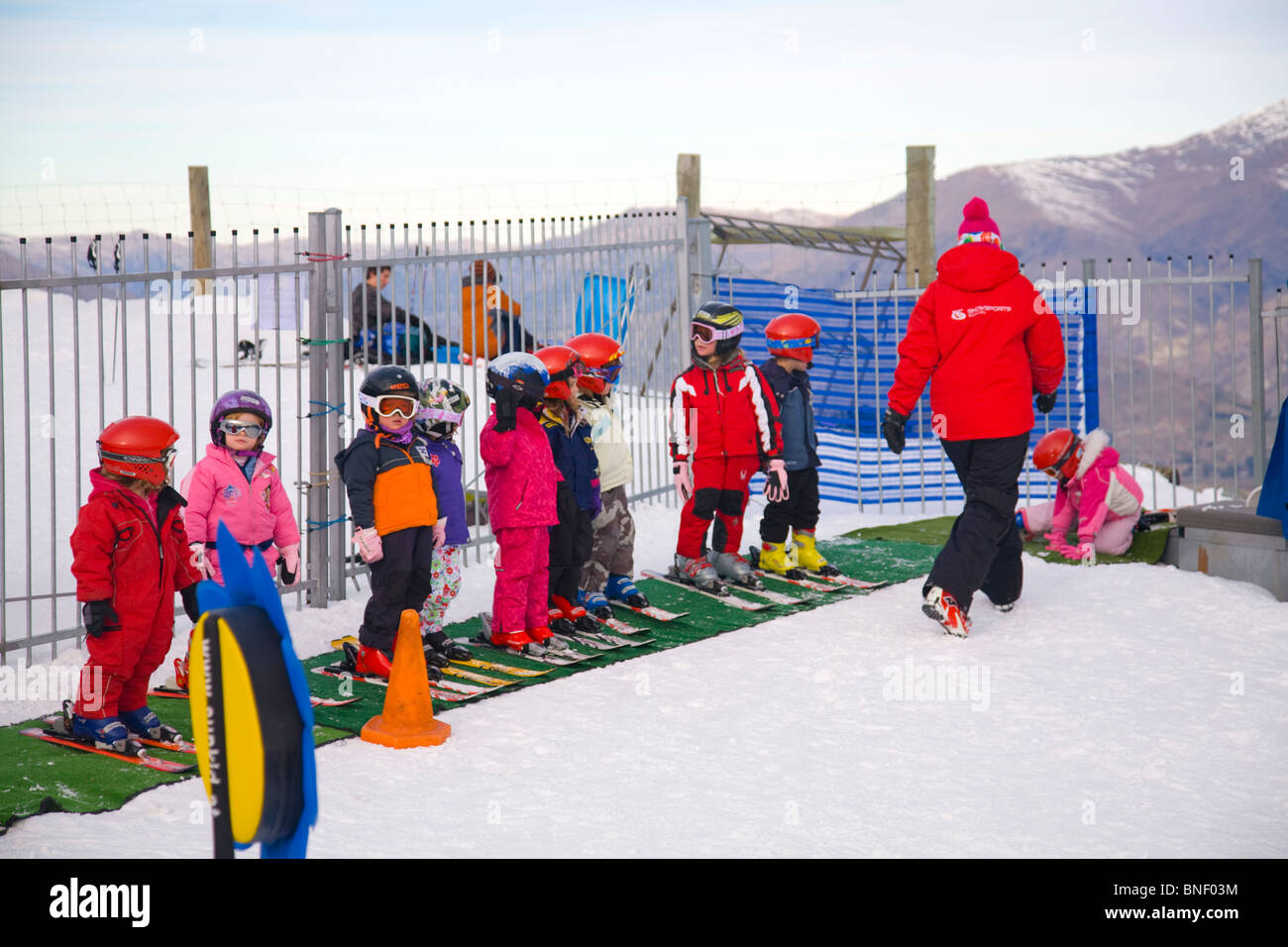 infants and children in their ski learning session at coronet peak Stock Photo