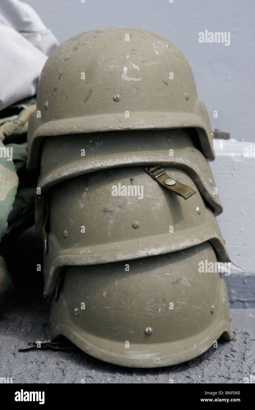 Helmets stacked ready on the deck of a US Navy Destroyer Stock Photo