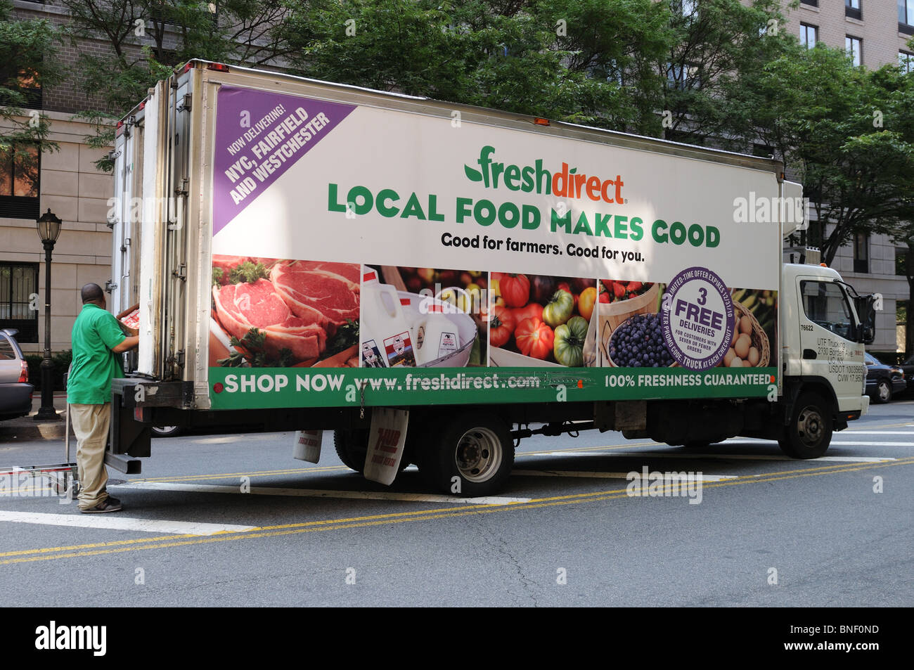 A Fresh Direct truck making a food delivery in Battery Park City, a neighborhood in Lower Manhattan. Stock Photo