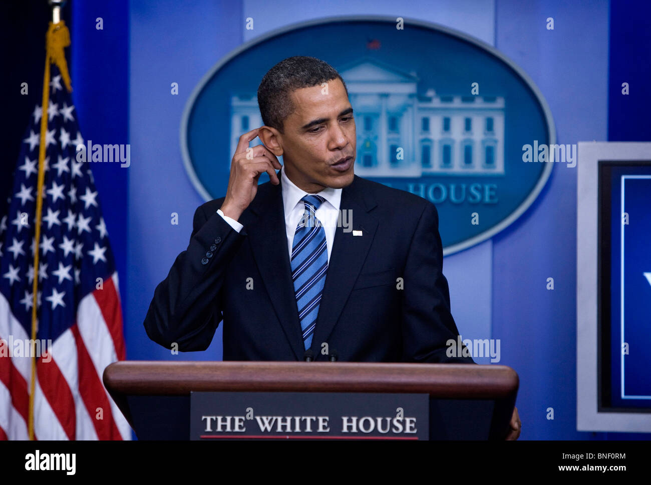 President Barack Obama makes a statement to the press in the Press Briefing room of the White House Stock Photo