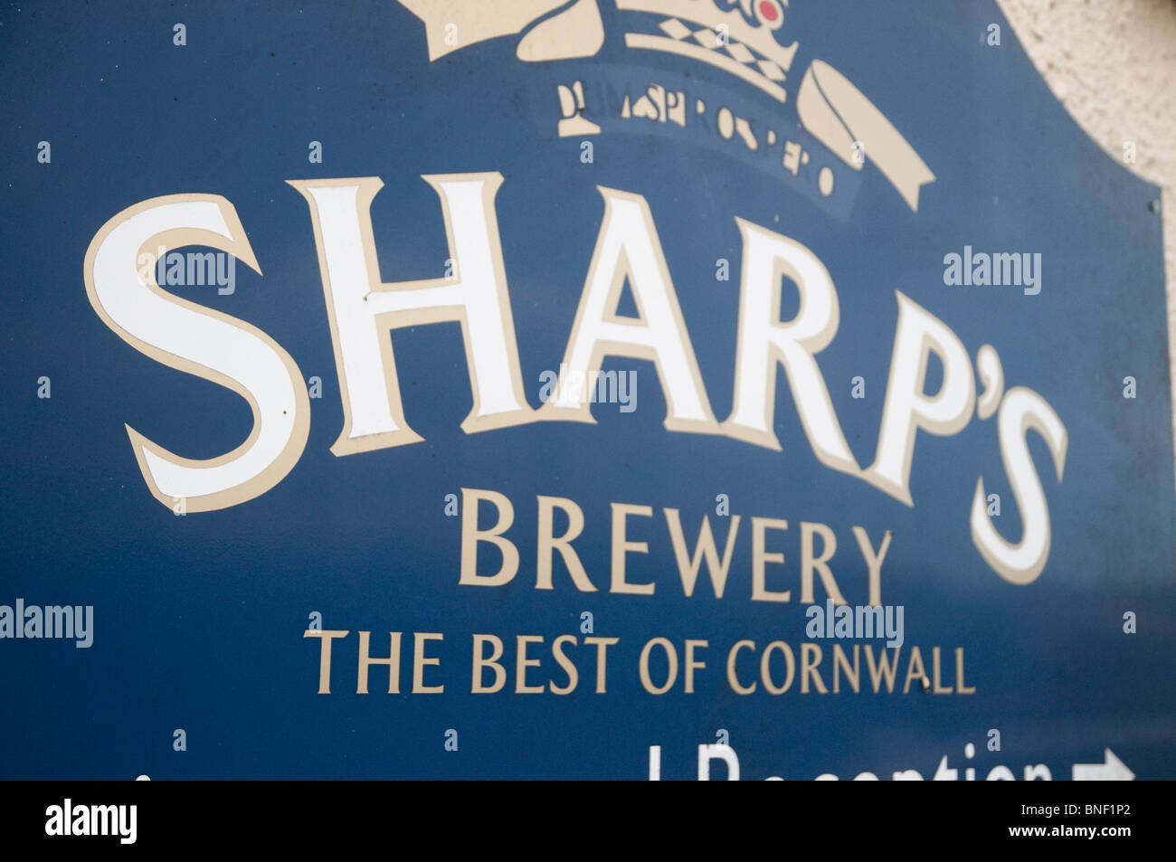 Close up of Sharp's brewery logo, outside the brewery in Cornwall. Stock Photo