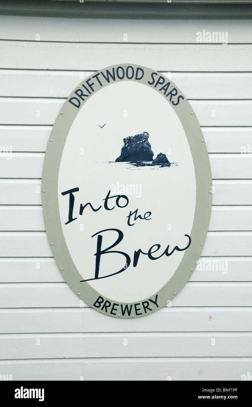Sign for the Driftwood Spars brewery, mounted on the side of the wooden building which houses the brew kit. Stock Photo