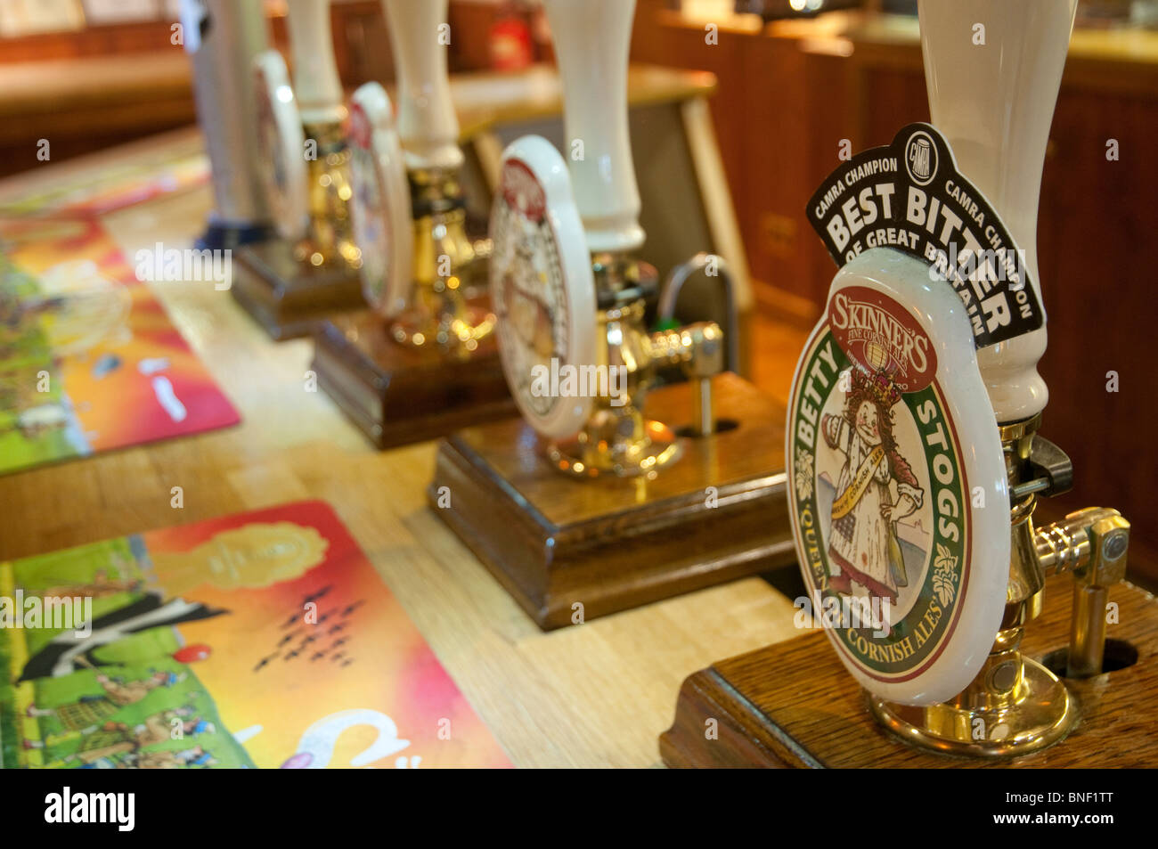 Selection of Skinner's handpumps in the visitors bar at the brewery, in Truro, Cornwall. Stock Photo
