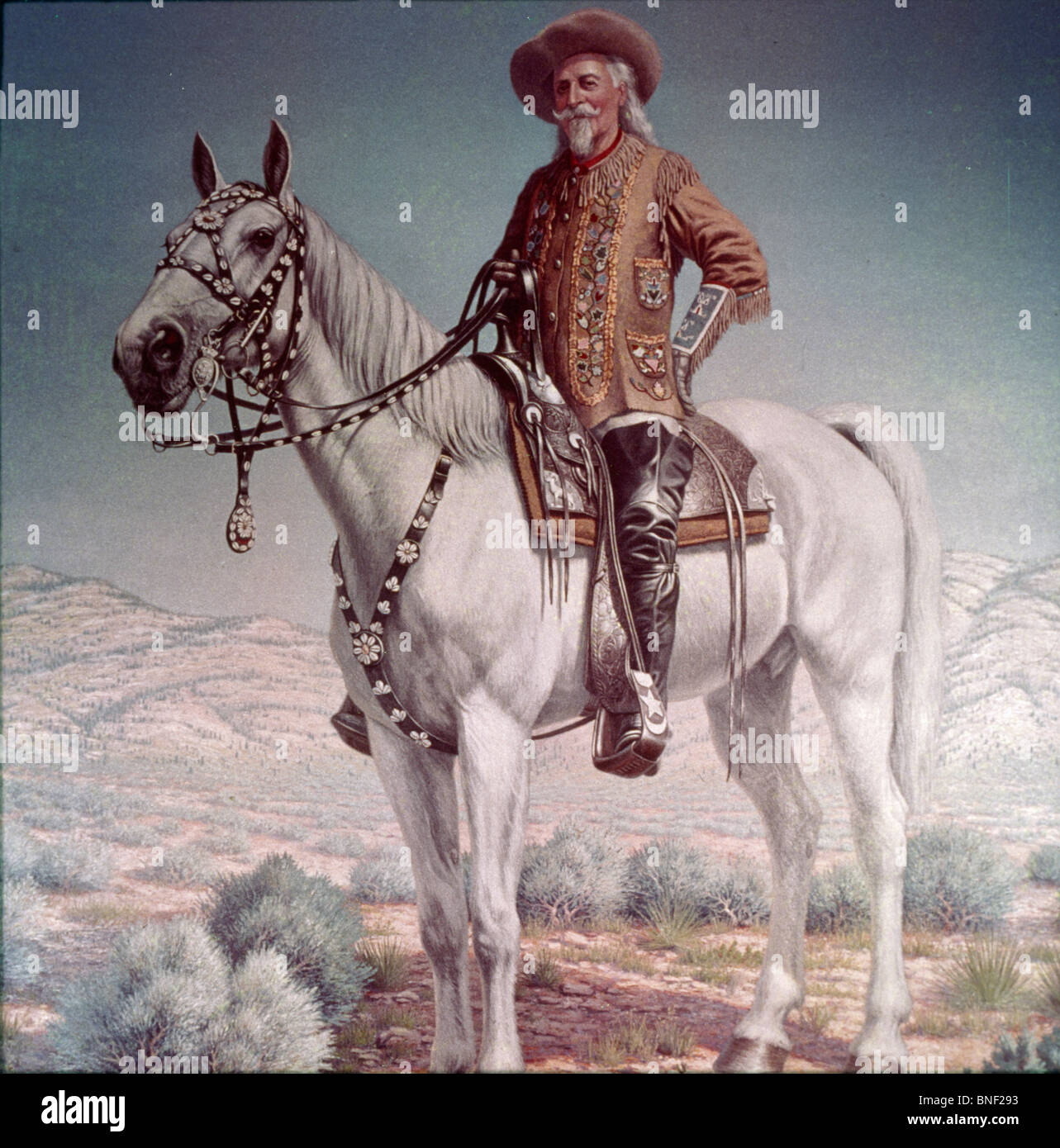 Buffalo Bill Cody on horse, American History Stock Photo