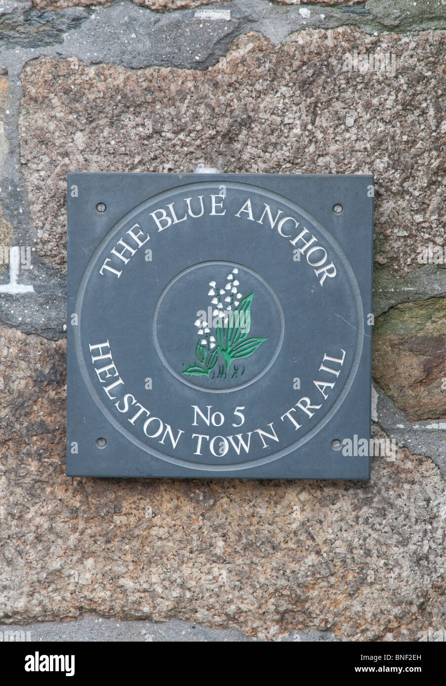 Plaque for the historic Blue Anchor pub on the Helston Town Trail in Cornwall Stock Photo