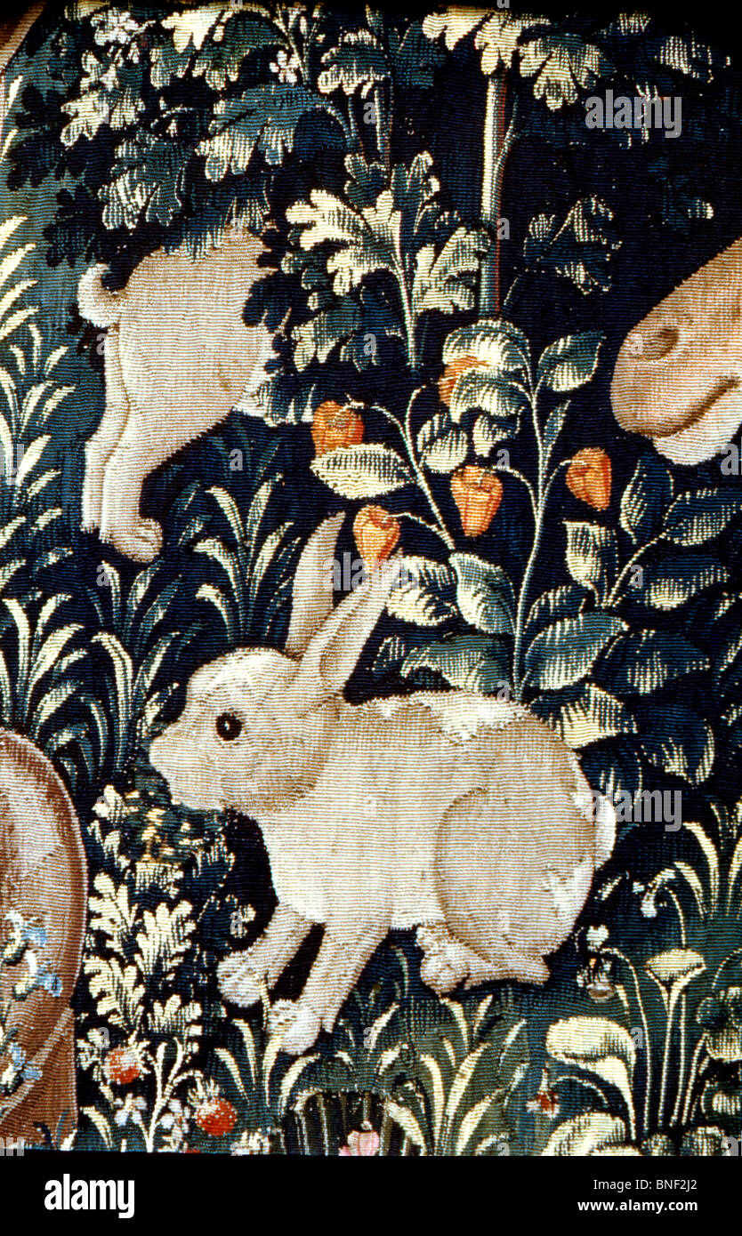 Unicorn Tapestry - Rabbit (Detail), Tapestry/Textiles Stock Photo