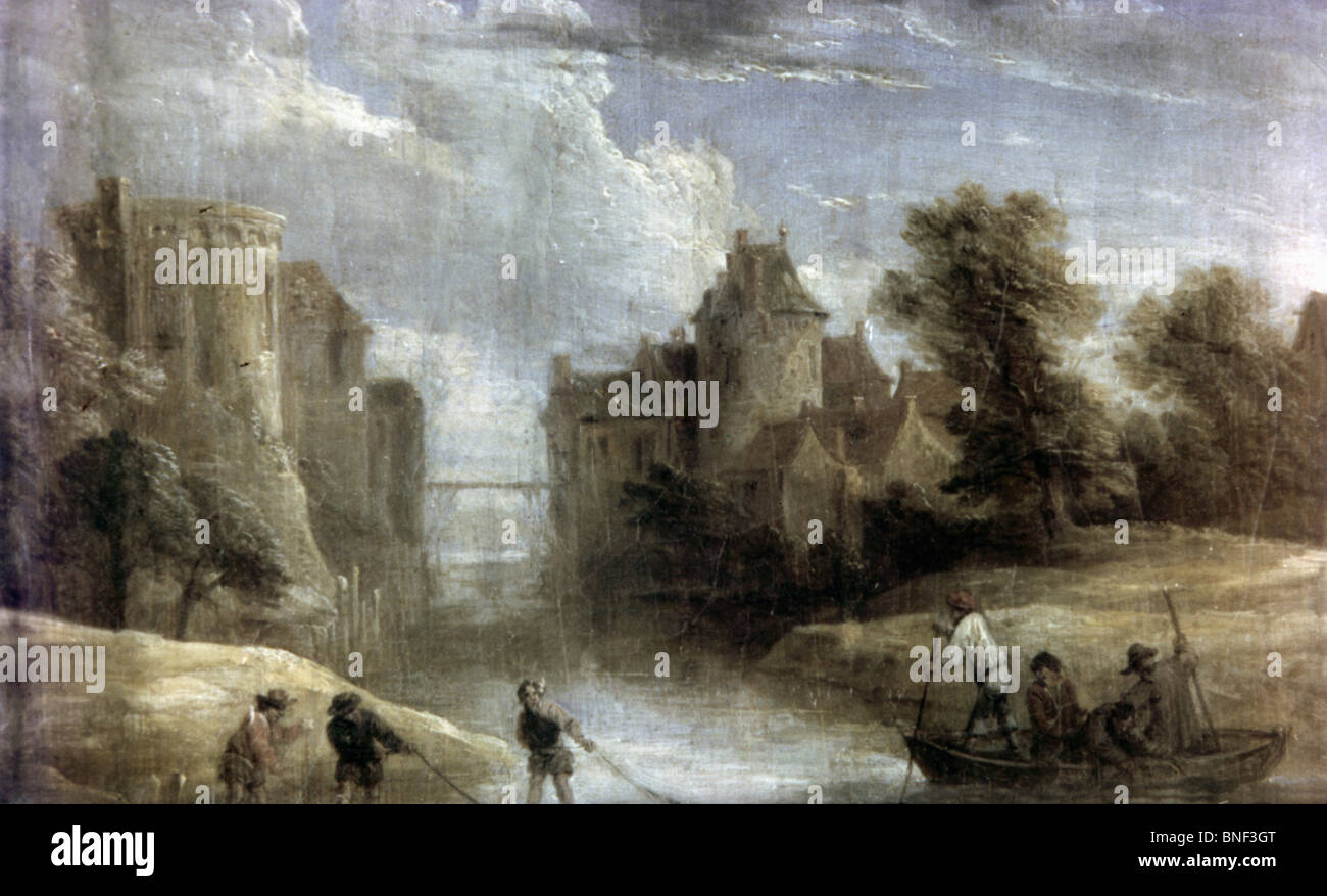 Landscape with Two Towers by David II Teniers, 1610-1690 Stock Photo