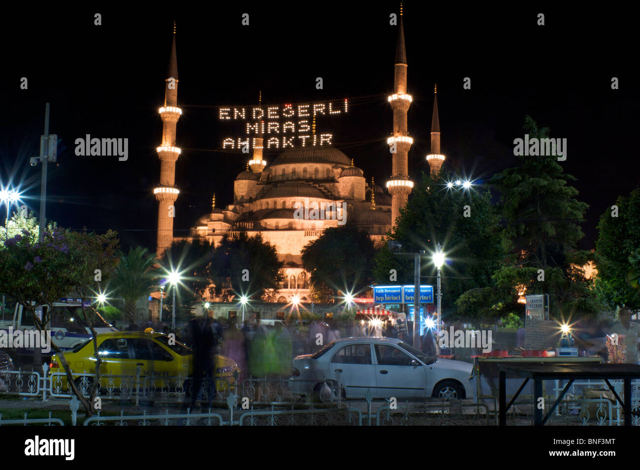 View of the Blue Mosque at night with domes, commissioned by Sultan ...