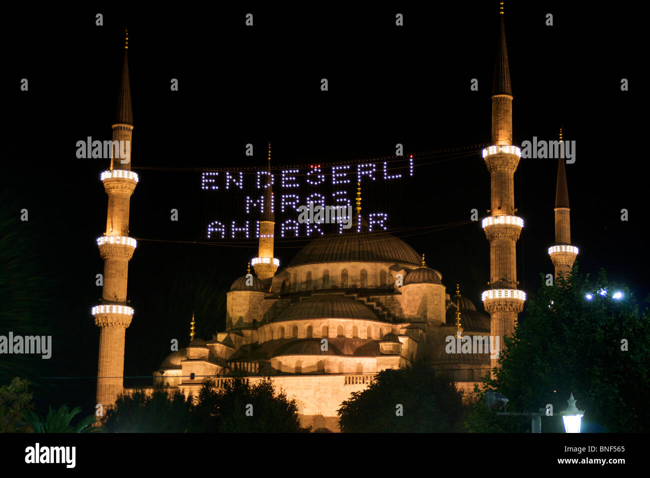 View of the Blue Mosque at night with domes, commissioned by Sultan ...
