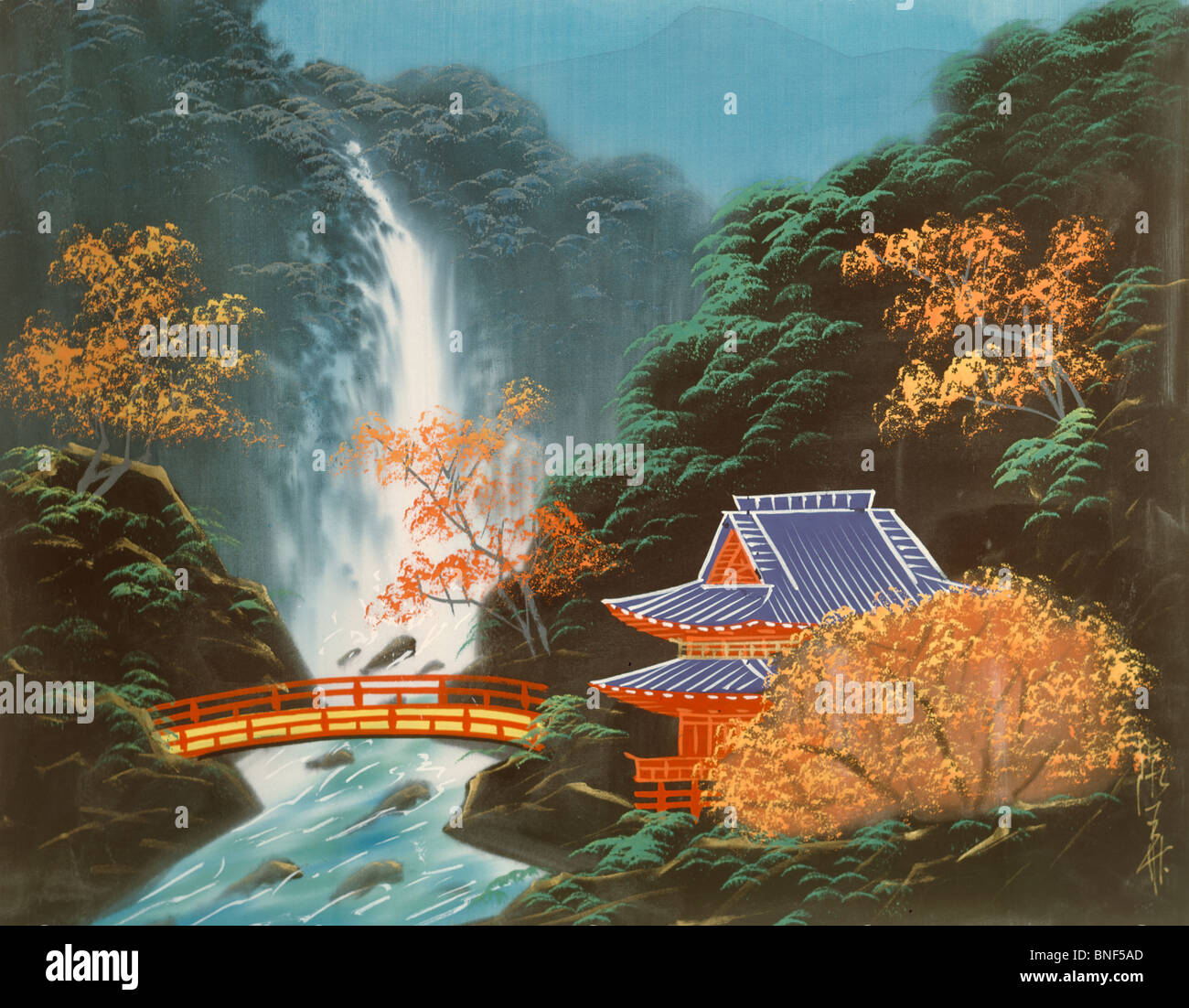 Mountain Landscape with Waterfall,  by Koizumi,  20th Century Stock Photo