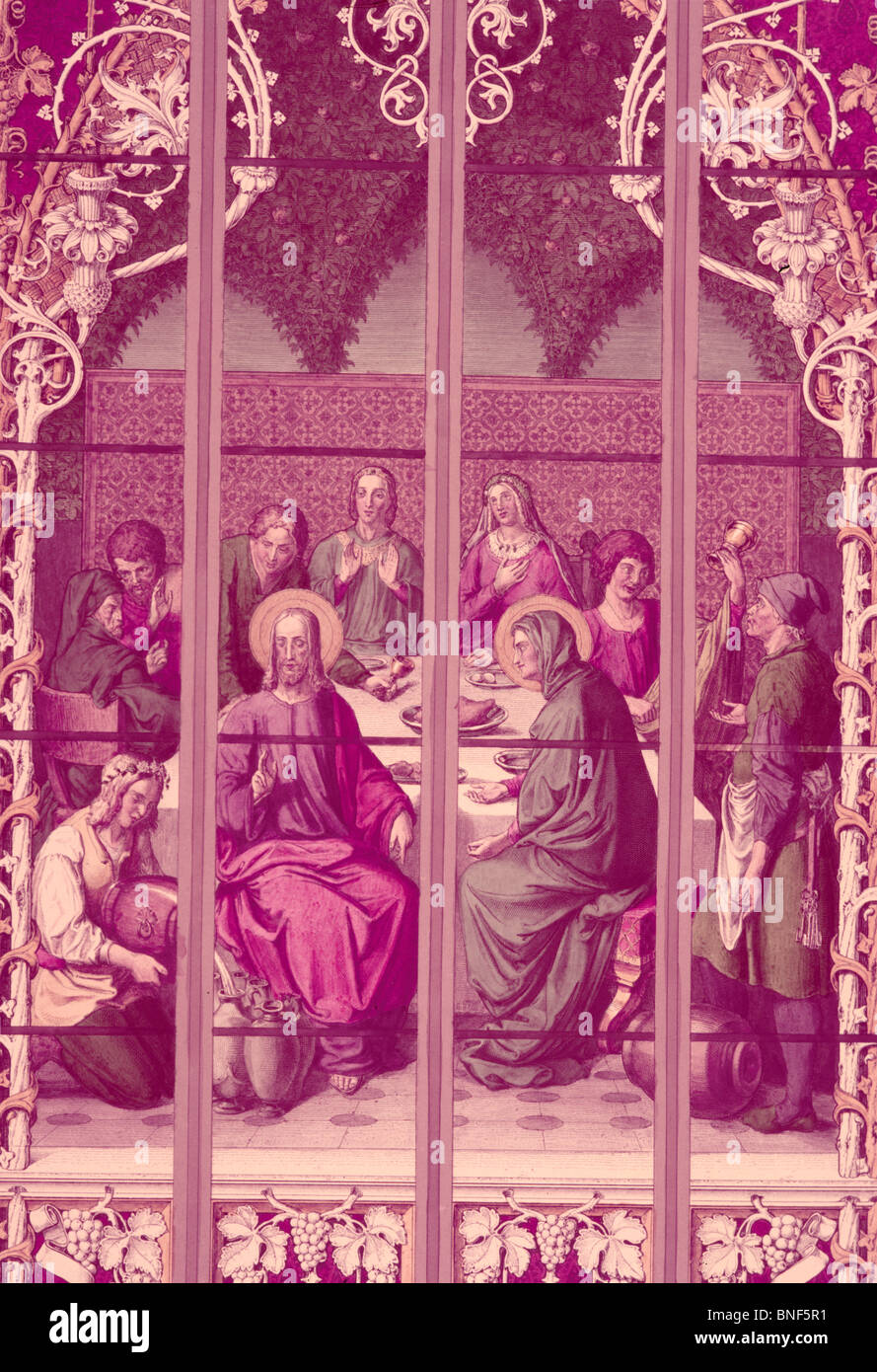 Wedding at Cana,  stained glass window,  19th Century Stock Photo