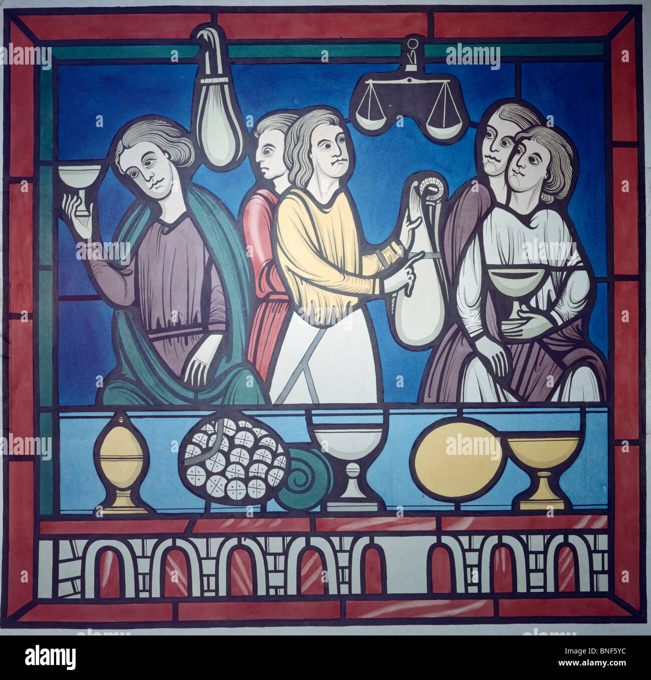 The Money Changers,  stained glass window Stock Photo