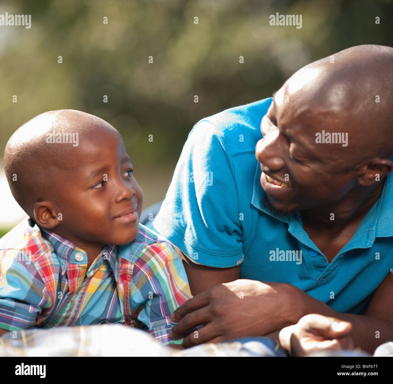 Father and son (4-5) relaxing outdoors, Johannesburg, Gauteng Province, South Africa Stock Photo