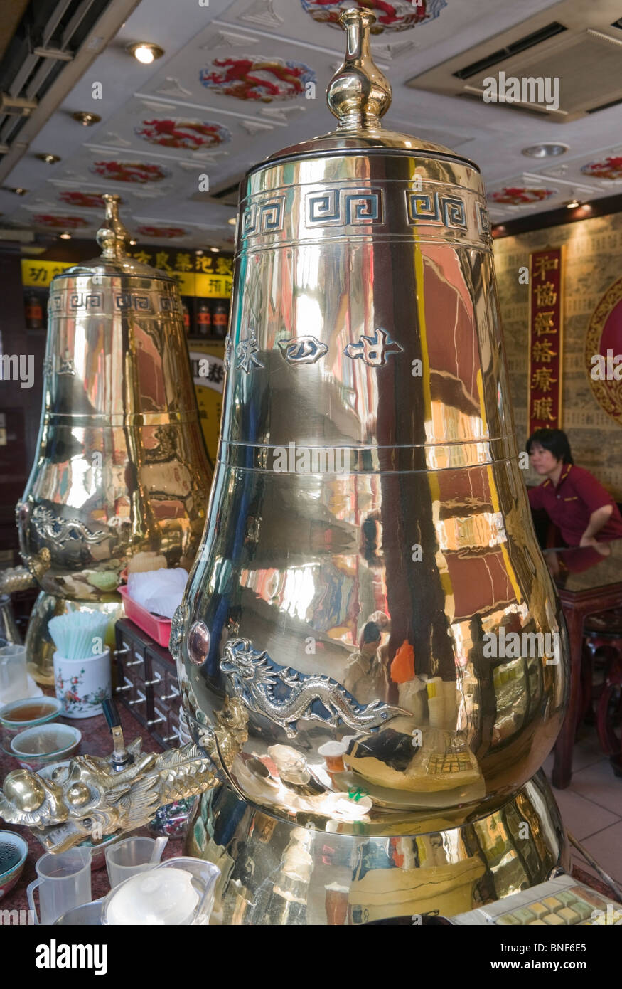 Tea urns Chinese tea house Chinatown Kuala Lumpur Malaysia Stock Photo