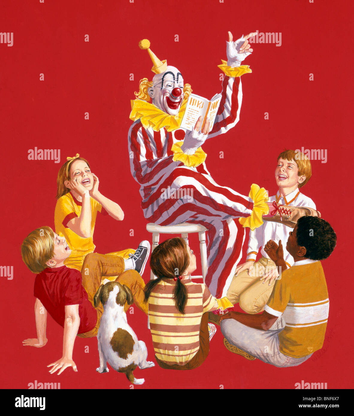 Clown reading book to group of children and one dog Stock Photo