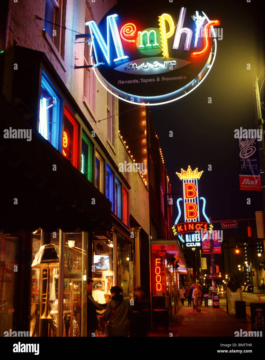 Beale Street at night, Beale Street District, Memphis, Tennessee, United States of America Stock Photo